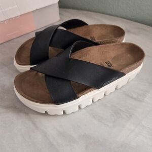 Birkenstock Black and White Cross-Strap Slide Sandals